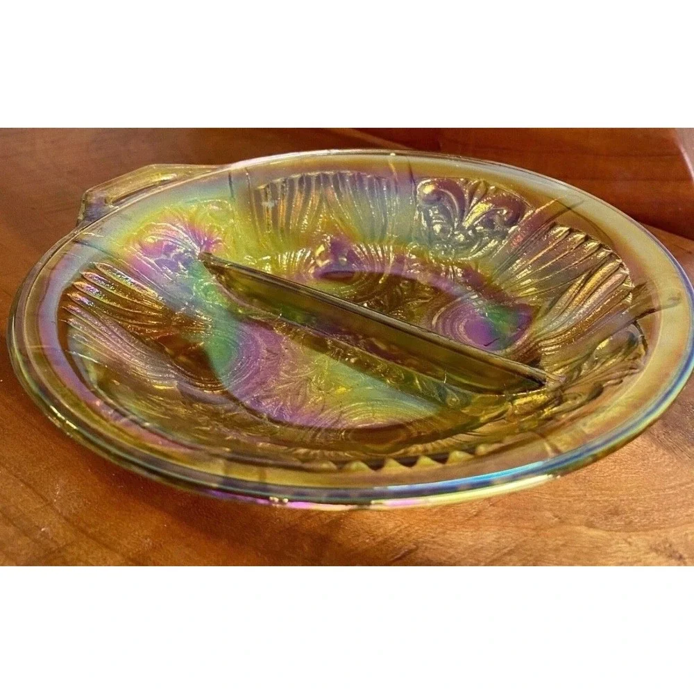 Indiana Glass Killarney Marigold Carnival Glass Divided Relish Dish Tab Handle